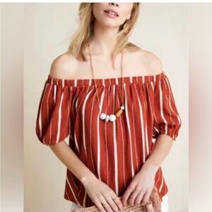 Anthropologie Elodie Off-the-Shoulder Striped Top Rust & Cream Medium Boho Flowy